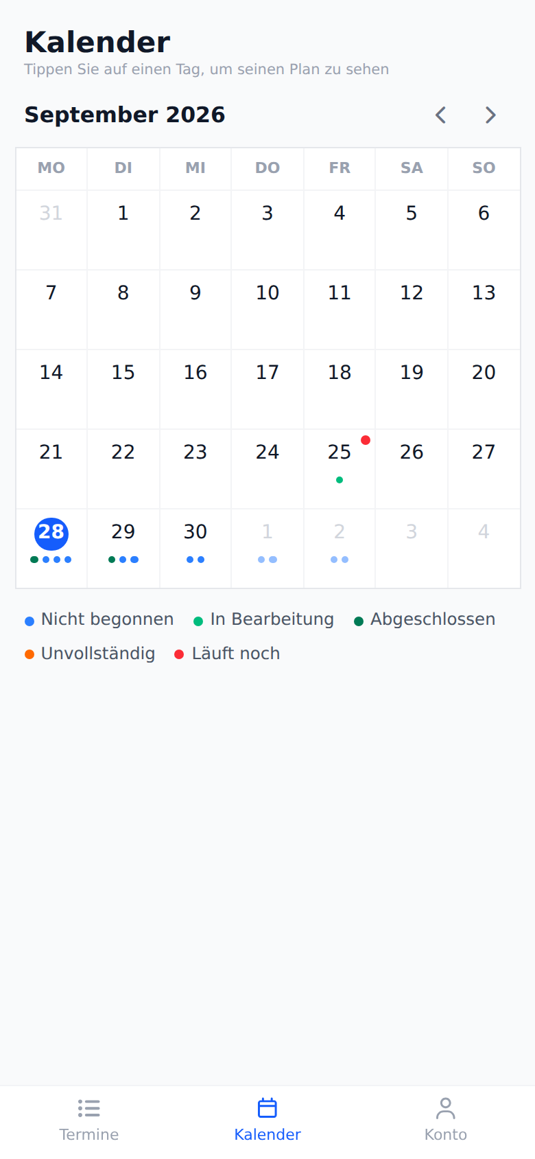 Der Tab „Kalender“ der Techniker-App: das Monatsraster mit dem blau umkreisten heutigen Tag, Besuchspunkten an den kommenden Tagen, einem roten Eckpunkt an einem früheren Tag und der Farblegende darunter