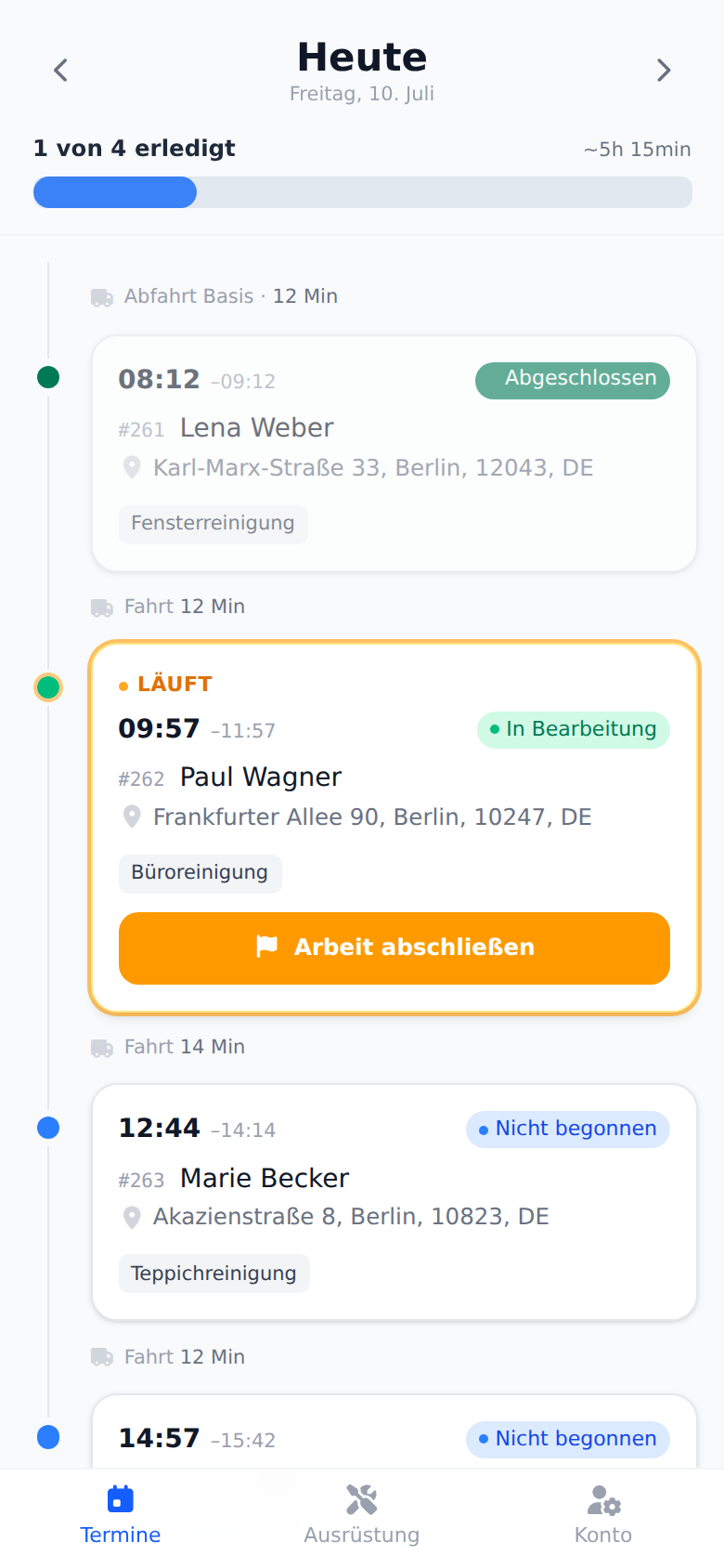 Techniker-App mit der Tagesroute