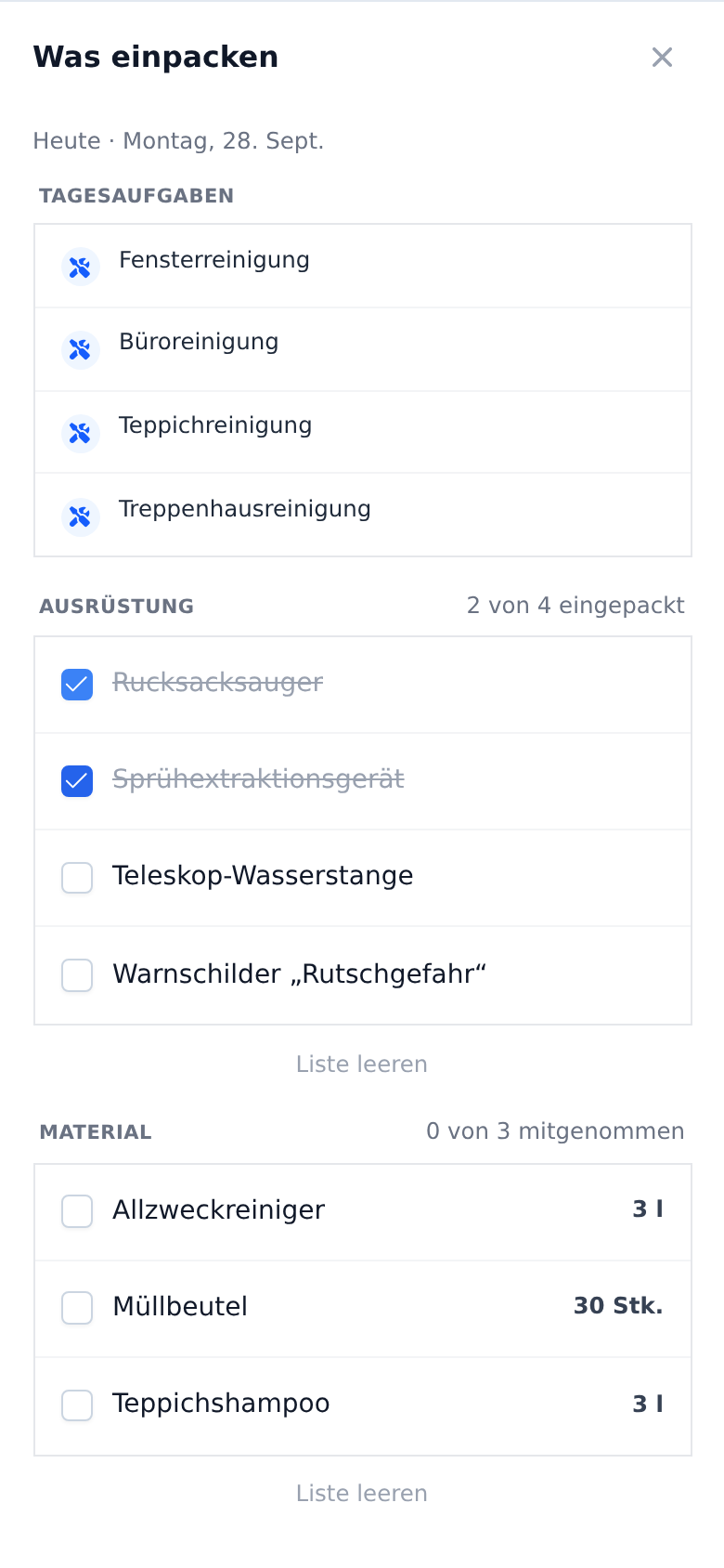 Die Liste „Was einpacken“ in der Techniker-App: oben die Tagesaufgaben, vier Geräte, zwei davon abgehakt, und drei Materialien mit ihren geplanten Mengen