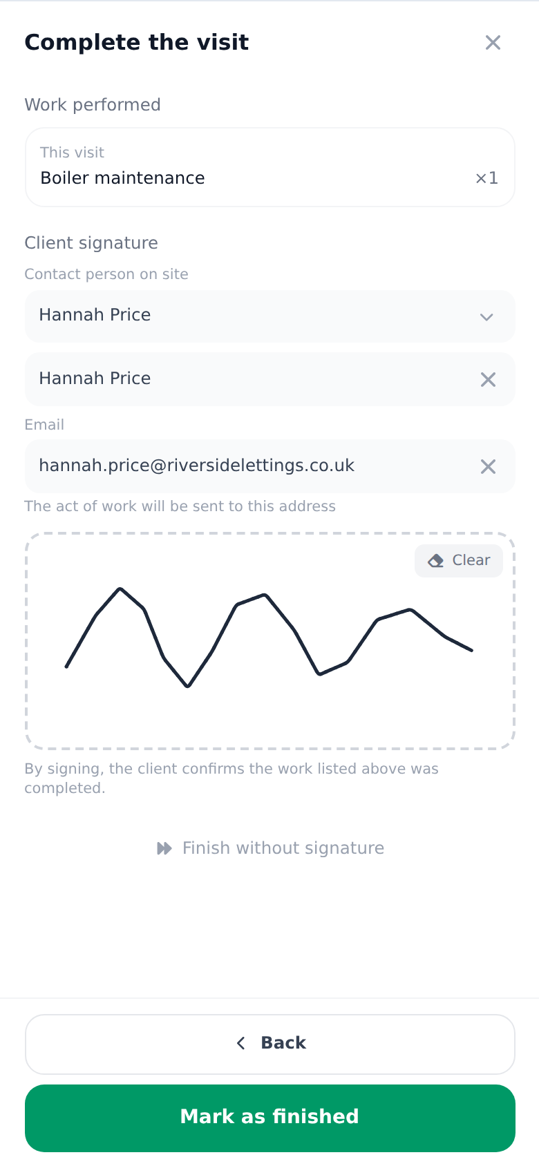 The sign-off step in the technician app with the Contact person on site dropdown, the name, the email and the signature pad