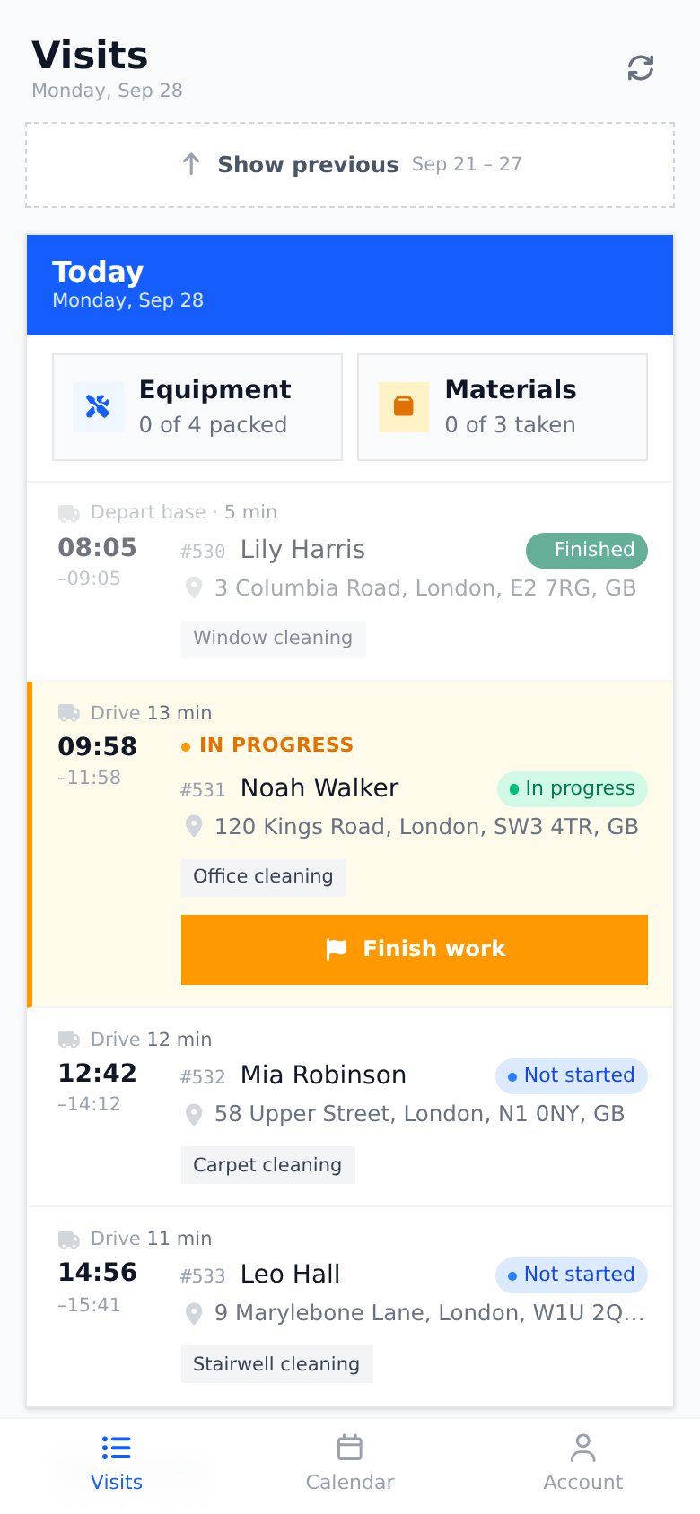The technician app showing today's visits in order: one finished, one in progress, two still ahead