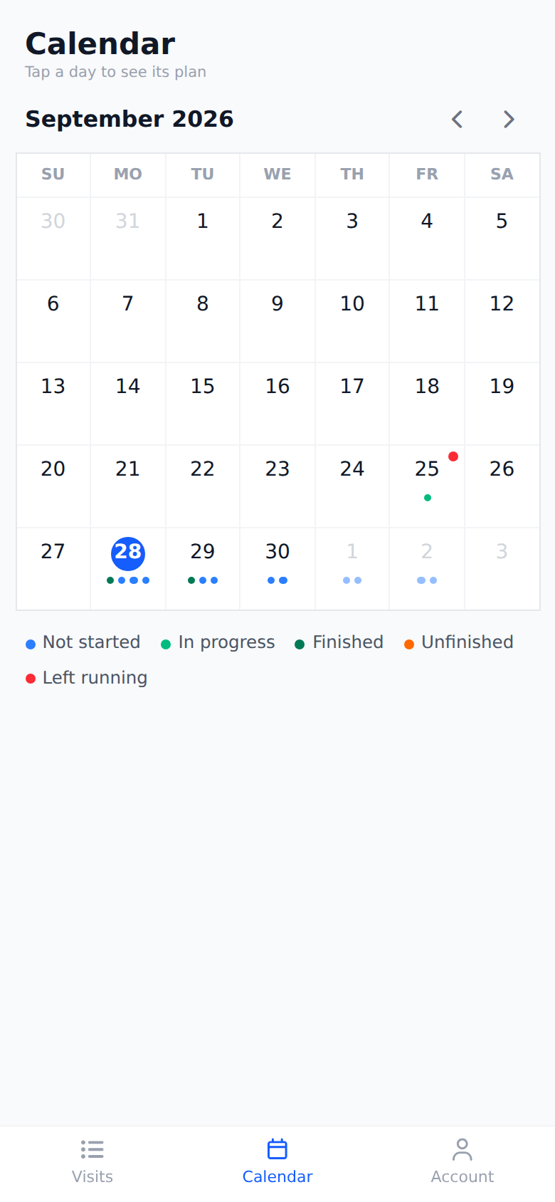 The Calendar tab of the technician app: the month grid with today circled in blue, visit dots on the coming days, a red corner dot on an earlier day and the color legend below