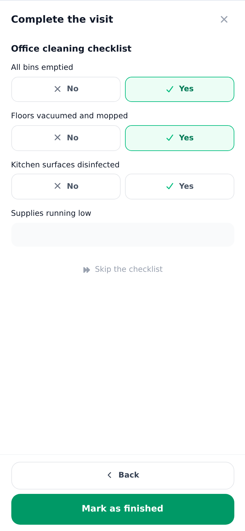 A cleaning checklist being filled in the technician app with yes/no answers tapped in