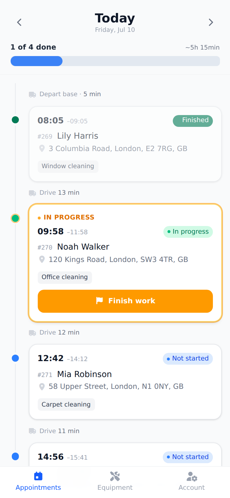 Technician app showing the day's route