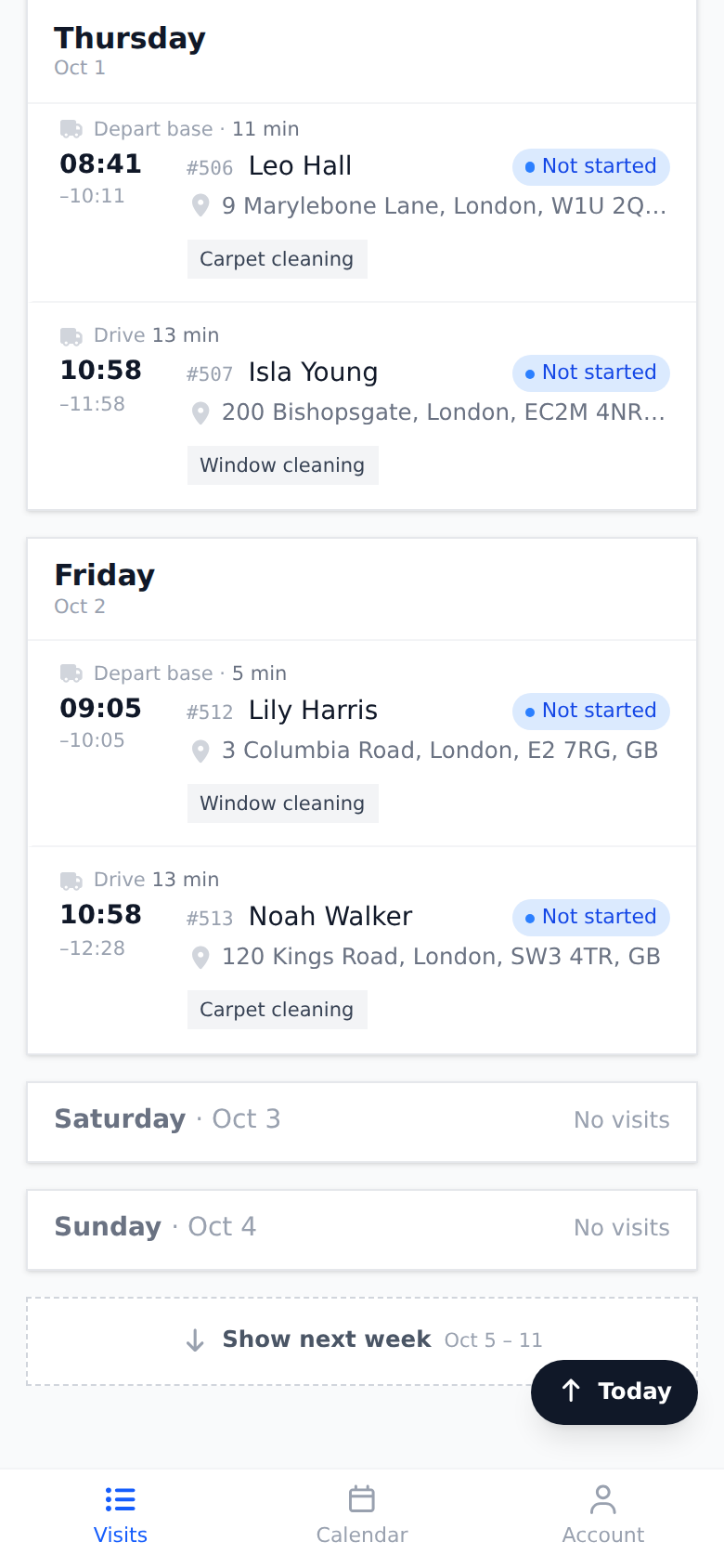 The end of the week in the technician app: two working days with visits, two short No visits lines for the weekend, the Show next week button and the dark Today button
