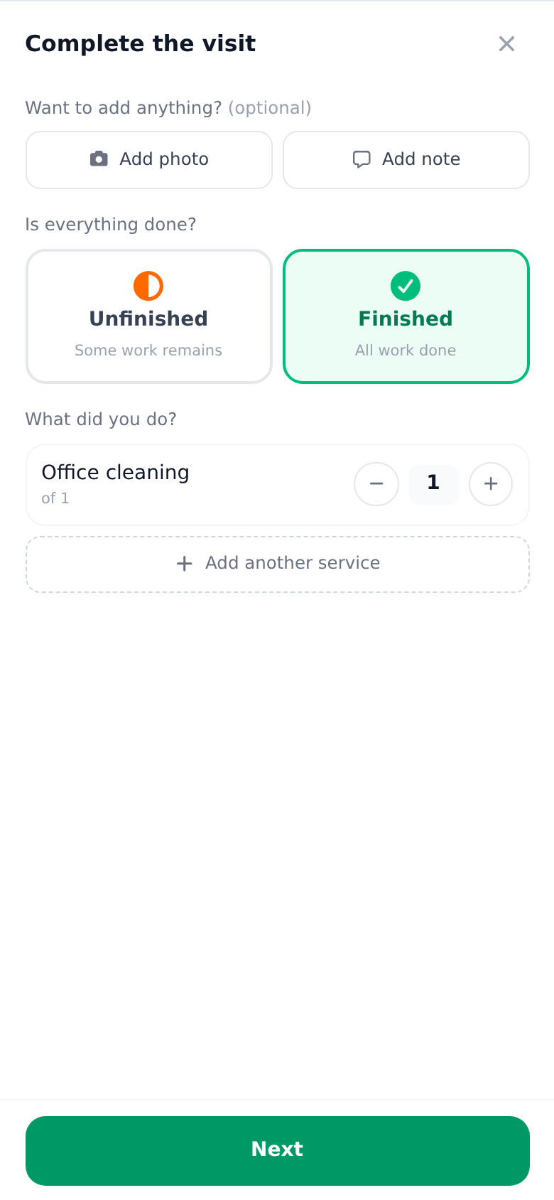 Finishing a visit in the technician app: the outcome is picked and the performed services are counted up
