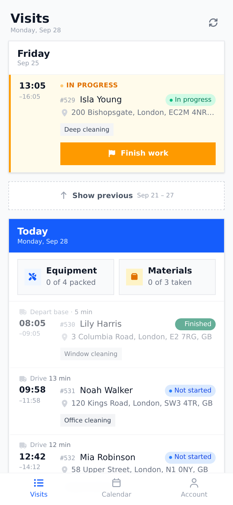 The top of the technician app list: a visit from an earlier day still in progress with its Finish work button, pinned above the Show previous button and today
