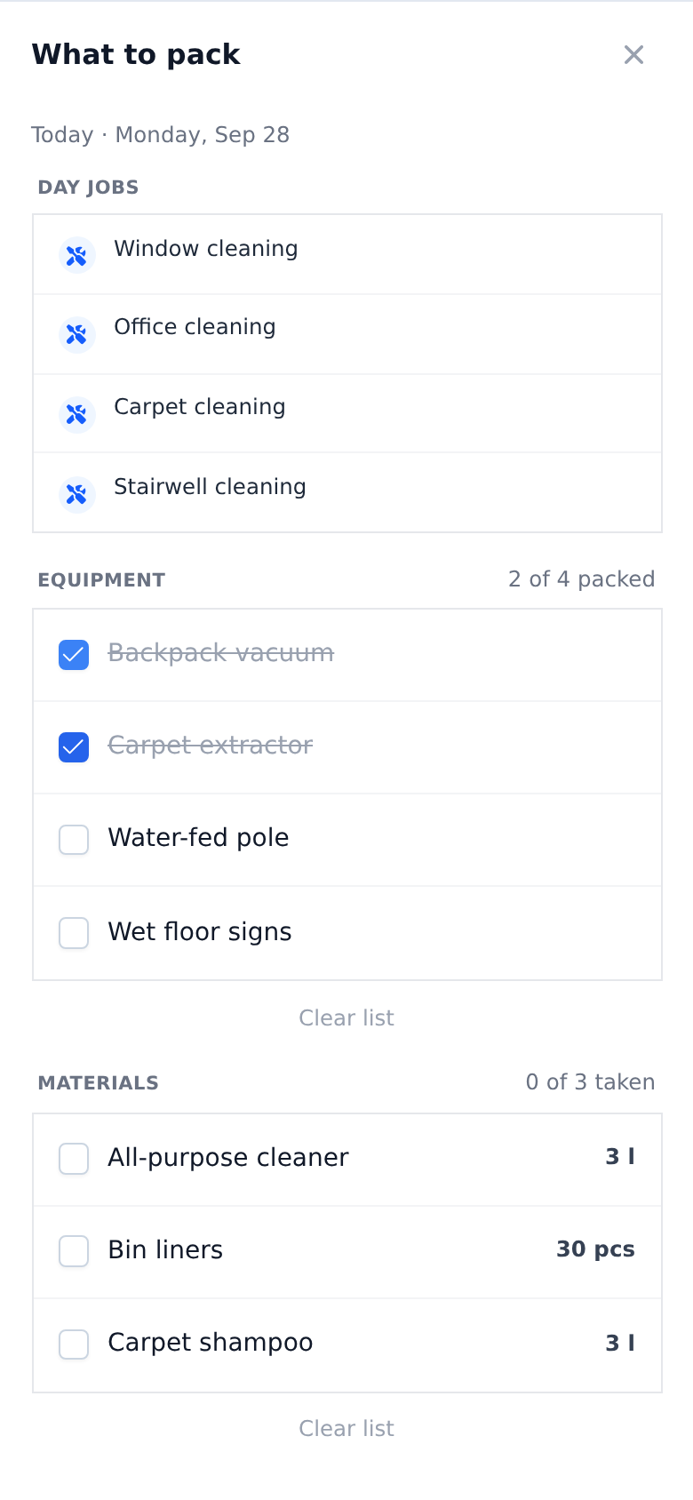 The What to pack list in the technician app: the day jobs at the top, four tools with two of them ticked, and three materials with their planned amounts