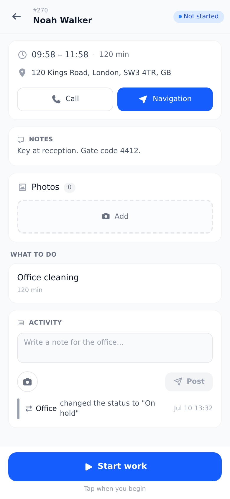 A visit opened in the technician app: client, address, planned services and one big button to start the work