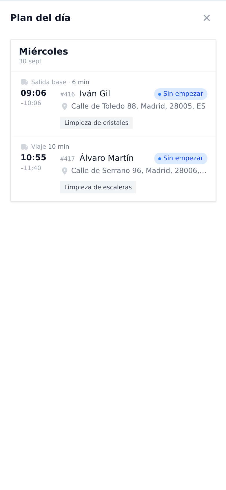 El Plan del día abierto desde el calendario: un día posterior con sus visitas en orden de recorrido, cada una con trayecto, hora, cliente, dirección y servicio