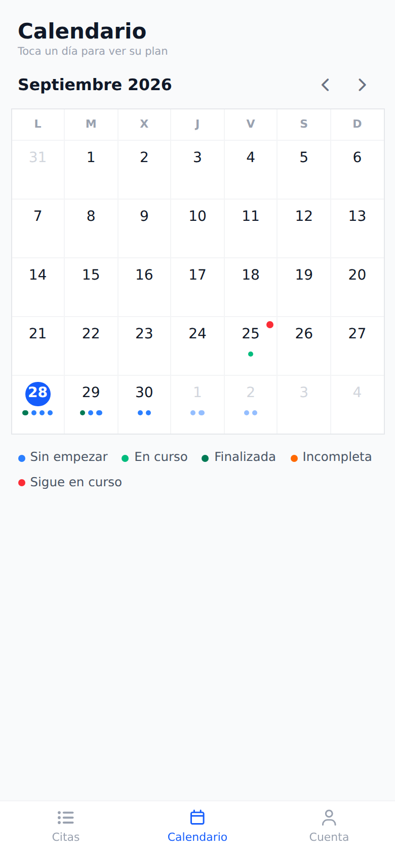 La pestaña Calendario de la app del técnico: la cuadrícula del mes con hoy en un círculo azul, puntos de visitas en los próximos días, un punto rojo en la esquina de un día anterior y la leyenda de colores debajo