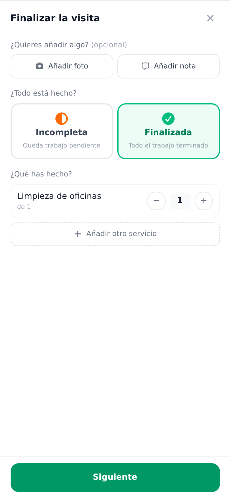 Cierre de una visita en la app para técnicos: se elige el resultado y se marcan los servicios realizados