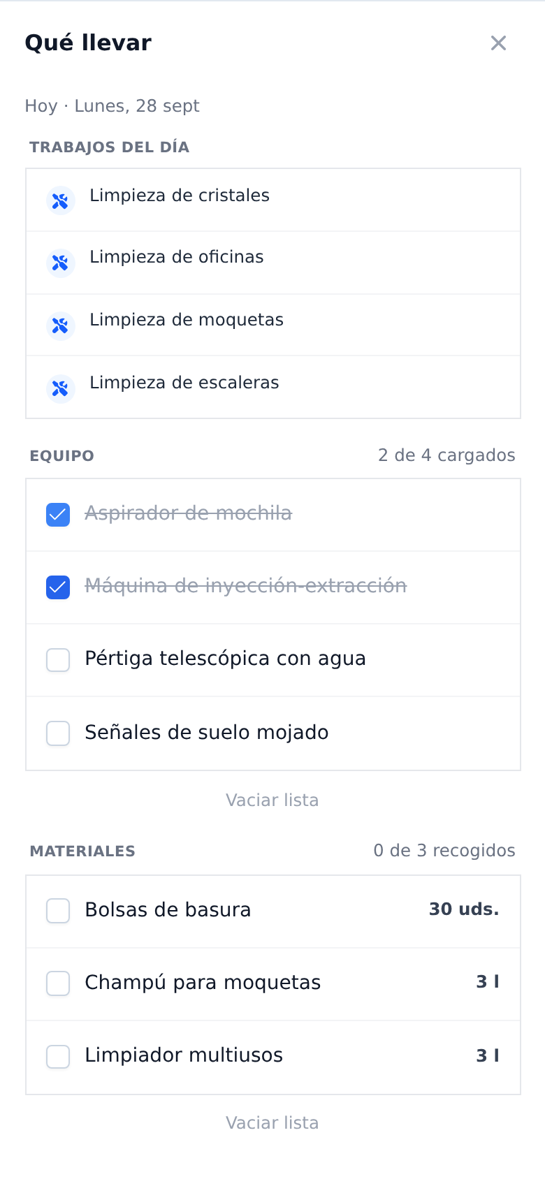 La lista Qué llevar en la app del técnico: arriba los trabajos del día, cuatro herramientas con dos ya marcadas y tres materiales con sus cantidades previstas