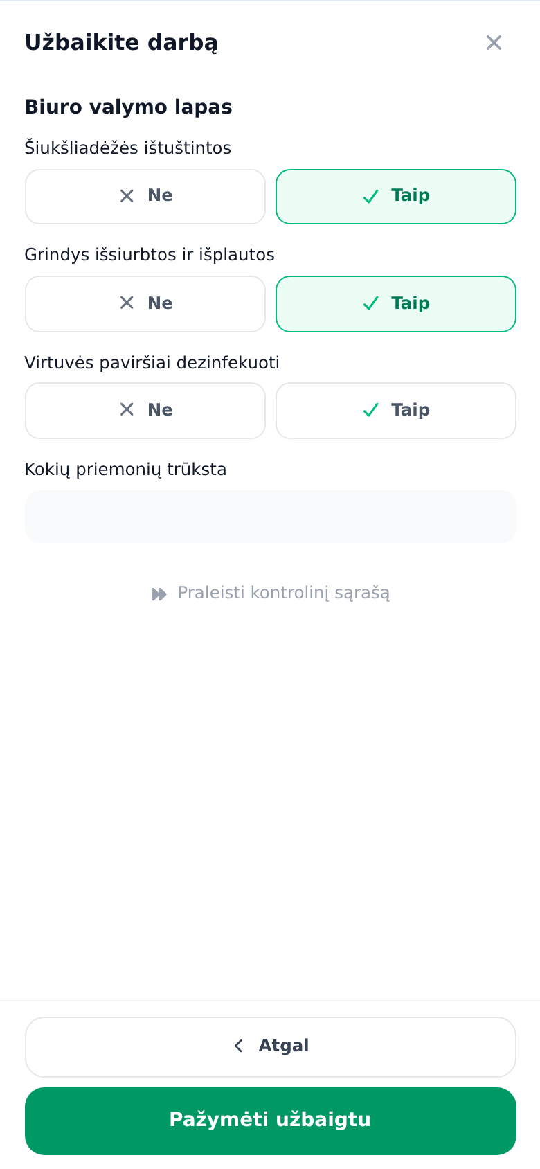 Programėlėje pildomas valymo kontrolinis sąrašas su pažymėtais taip/ne atsakymais