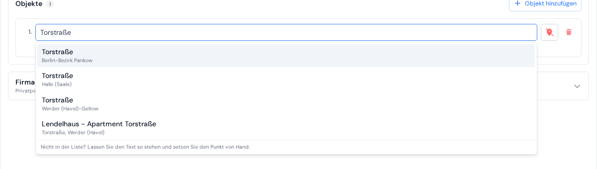Das Adressfeld im Kundendialog mit ein paar getippten Buchstaben und der darunter geöffneten Liste vorgeschlagener Adressen
