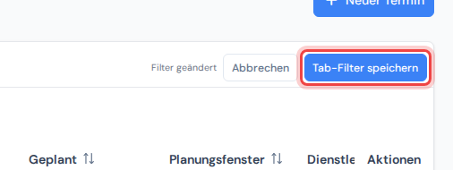 Das rechte Ende der Tab-Reihe mit dem Hinweis Filter geändert und den Knöpfen Abbrechen und Tab-Filter speichern