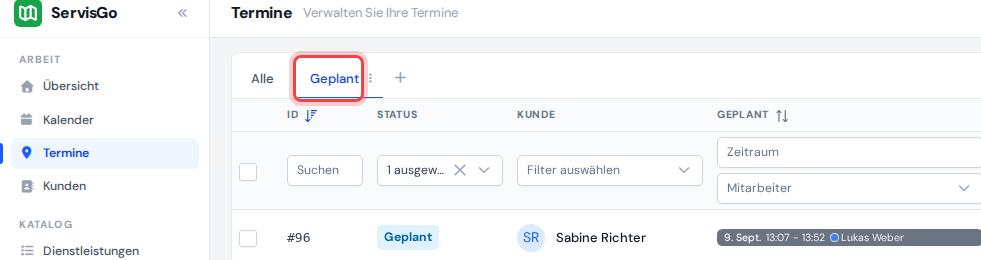 Die Tab-Reihe mit den Tabs Alle und Geplant, der Tab Geplant hervorgehoben und der Statusfilter unter den Überschriften auf Geplant gesetzt