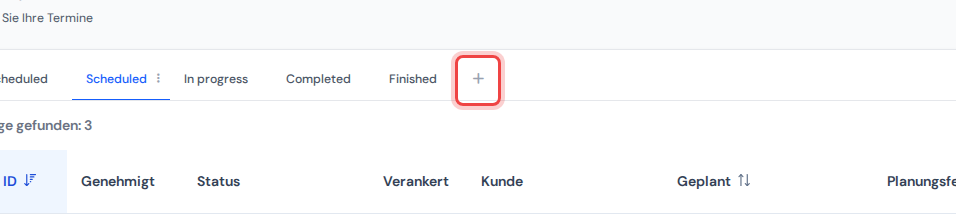 Die Tab-Reihe der Terminliste mit hervorgehobenem Plus-Knopf an ihrem rechten Ende