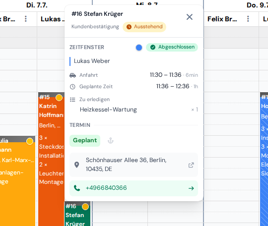 Eine Besuchskarte im Kalender mit Kunde, Leistungen, Zeiten und der Anfahrt zur Adresse