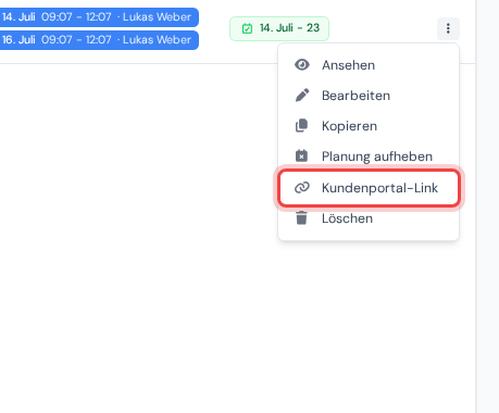 Eine Terminzeile mit dem Kettenglied-Symbol, das das Fenster Kundenportal-Link öffnet