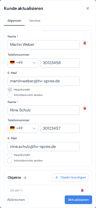 Der Kundendialog auf einem Handybildschirm: Vollbild, eine Spalte, Objekte mit Objekt 1 und Objekt 2 beschriftet