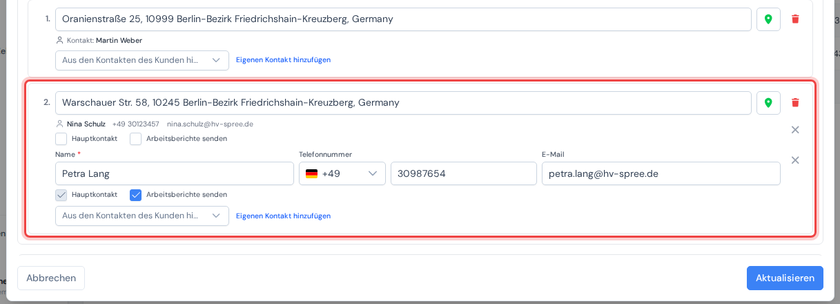 Eine Objektzeile im Kundendialog mit zwei Personen unter der Adresse: eine aus der Kundenliste gewählt, eine nur für dieses Objekt, hervorgehoben
