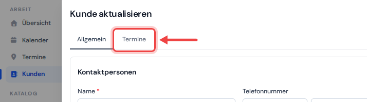 Der obere Rand des Kundendialogs mit einem Pfeil auf den Tab Termine