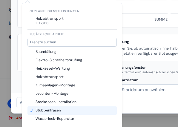 Die Leistungsauswahl in einer Zeile erbrachter Arbeit: oben die Zeilen aus dem Plan, darunter eine durchsuchbare Liste „Zusätzliche Arbeit“ mit einer angehakten Extra-Leistung