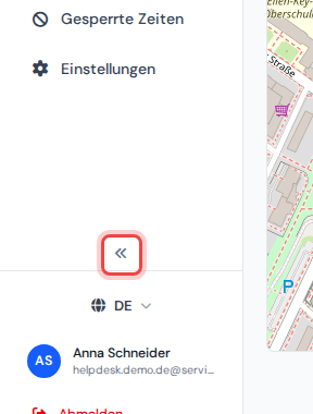 Das untere Ende der Seitenleiste mit dem hervorgehobenen runden Doppelpfeil-Knopf