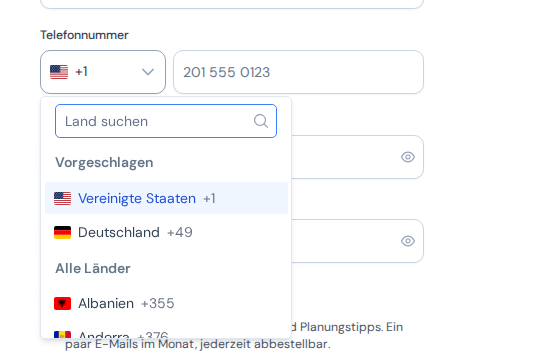 Die geöffnete Länderliste für die Telefonnummer auf der Registrierungsseite