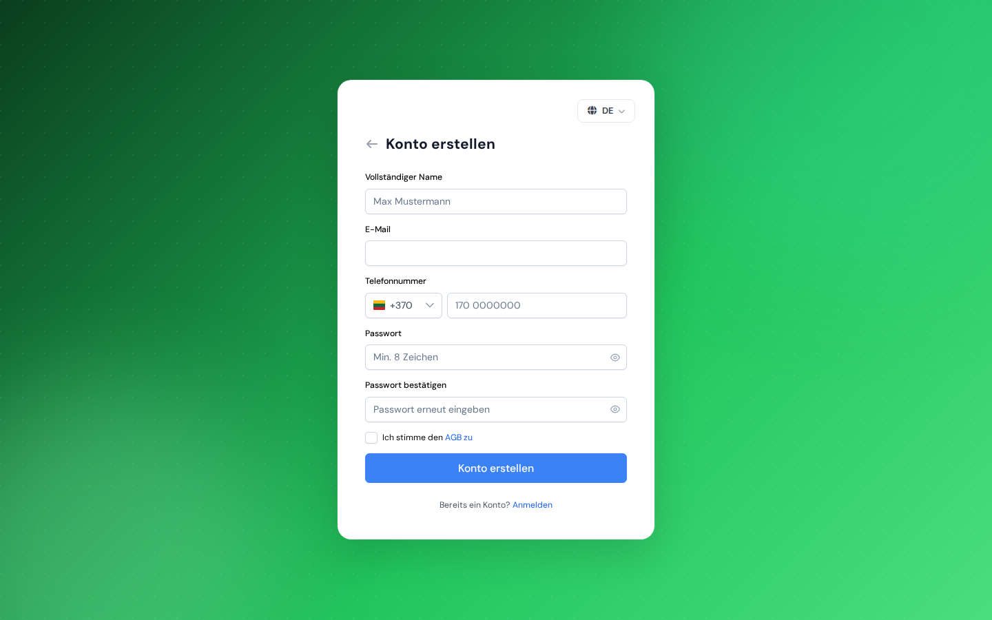 Die Registrierungsseite „Konto erstellen“ des ServisGo-Dashboards