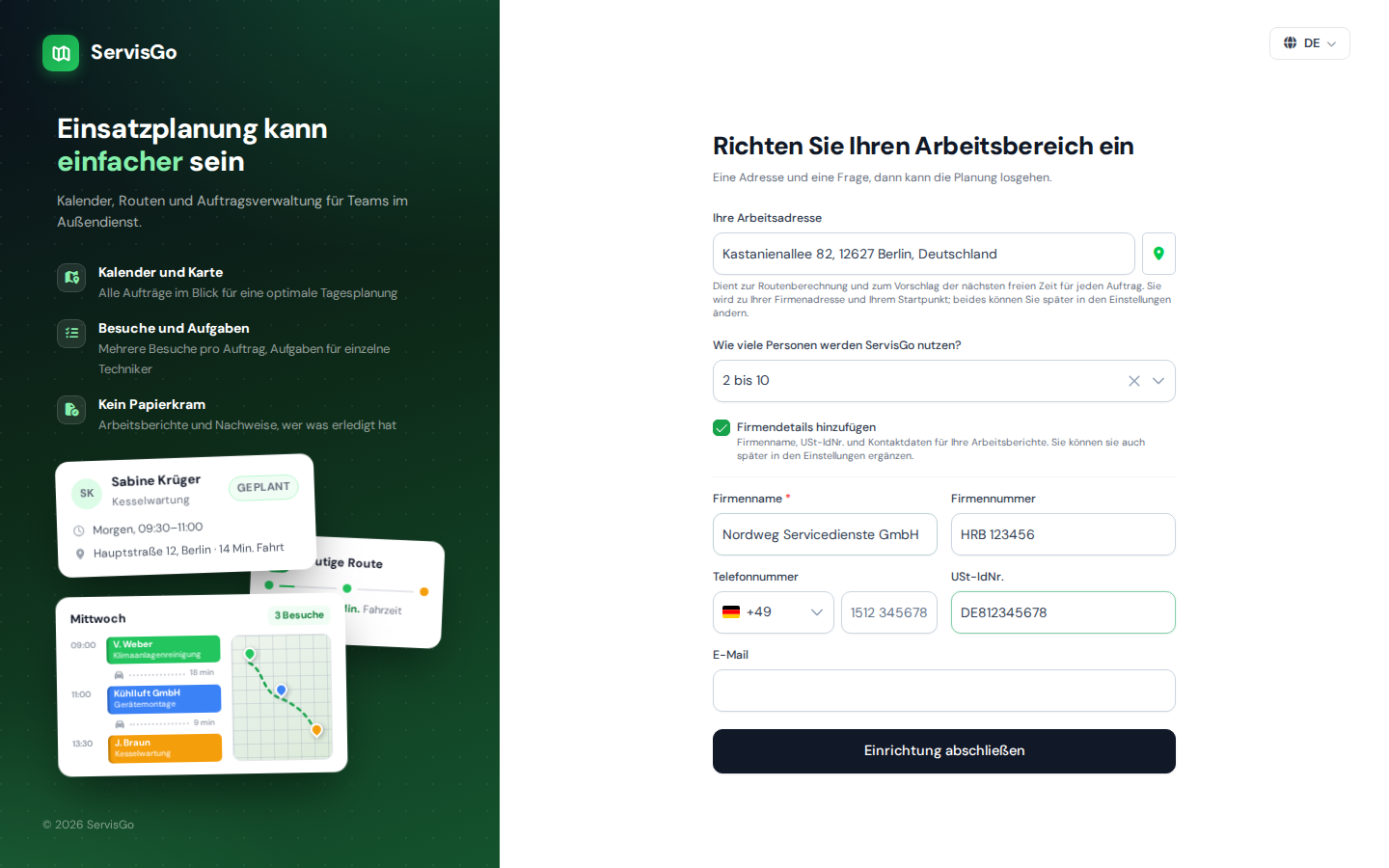 Die Seite „Richten Sie Ihren Arbeitsbereich ein“ mit geöffneten Firmenfeldern