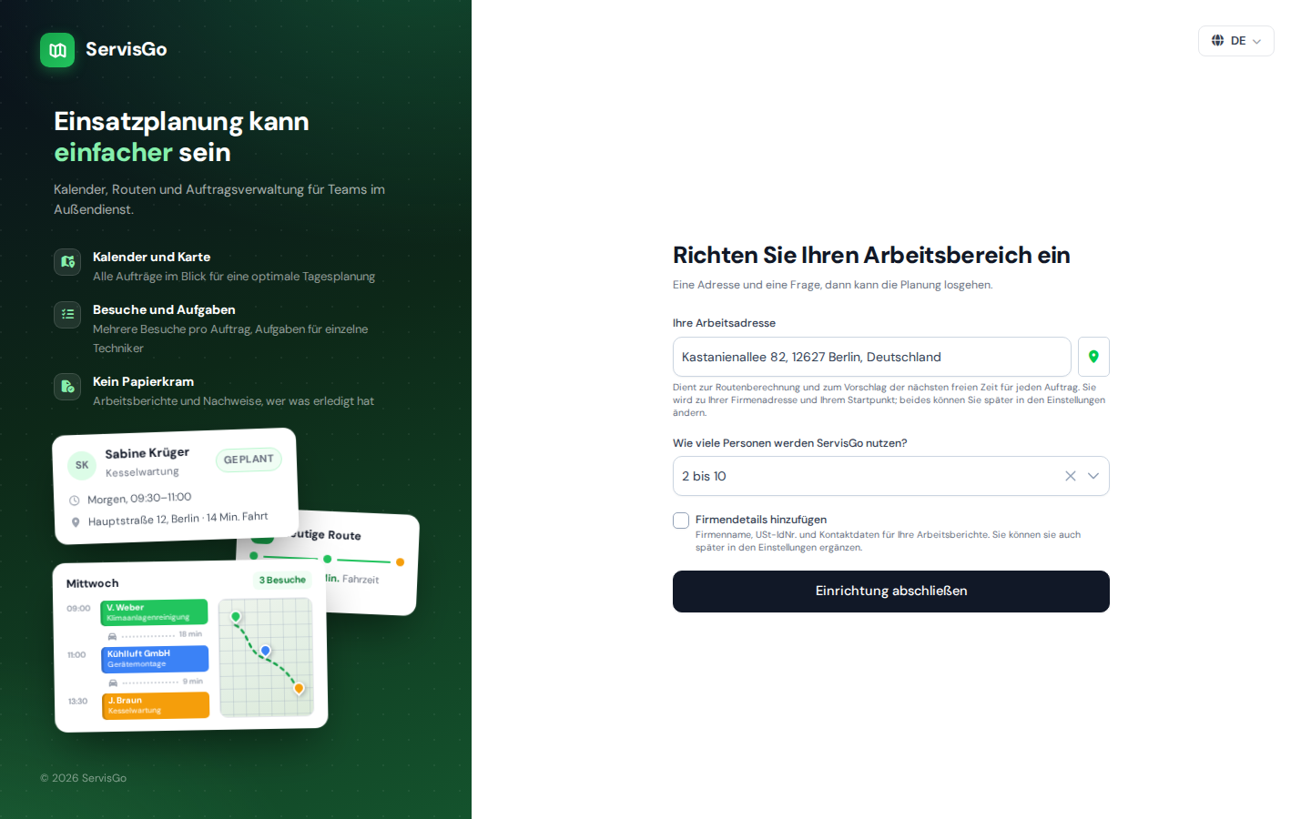 Die Seite „Richten Sie Ihren Arbeitsbereich ein“ mit Arbeitsadresse und Teamgröße