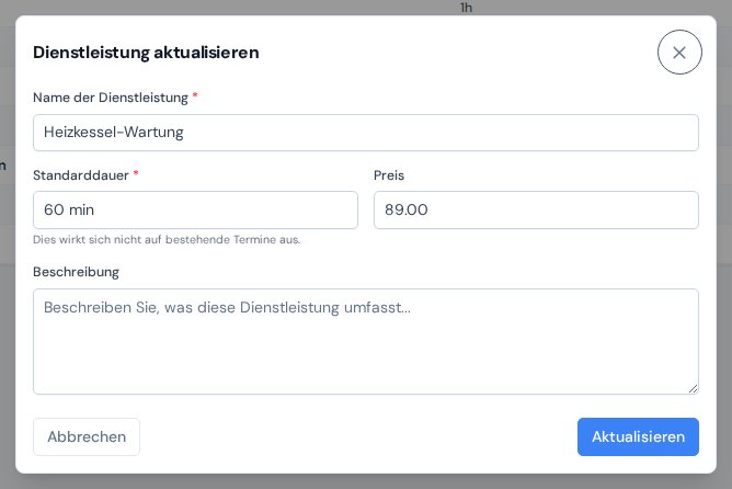 Der Dialog Dienstleistung erstellen mit Feldern für Name, Dauer und Preis