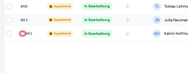 Die Terminliste mit hervorgehobenem Kreispfeil-Symbol neben einer Terminnummer