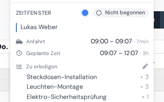 Eine Besuchskarte mit der Zeile Anfahrt, dem Beginn der Fahrt und ihrer Dauer