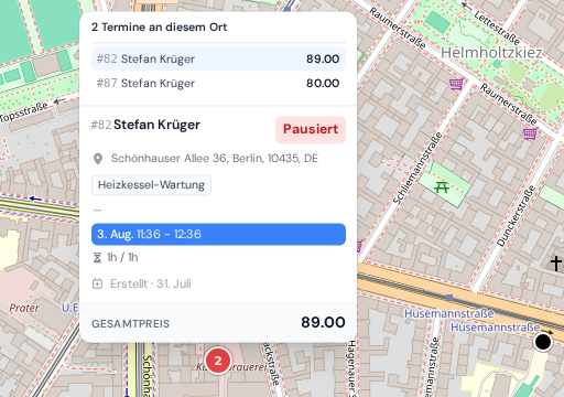 Die Karte im Bereich mit der geöffneten Auftragskarte eines Pins, die die Details des Termins zeigt