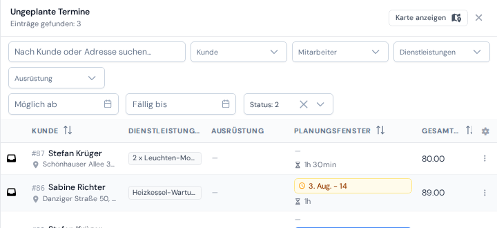 Die Filter oben im Bereich: Suche, Status, Mitarbeiter und die zwei Datumsfilter für das Planungsfenster