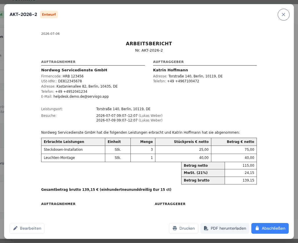 Ein generiertes Leistungsprotokoll mit Firmendaten, einer Tabelle erbrachter Leistungen und Unterschriftszeilen