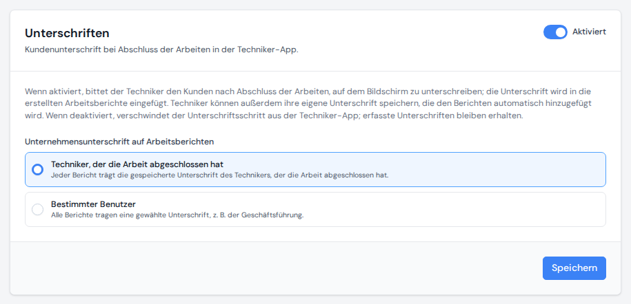 Das Panel „Unterschriften“ in den Einstellungen mit aktivierter Funktion und den Optionen für die Unternehmensunterschrift