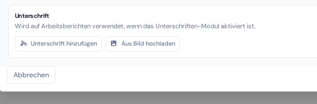 Die Karte „Unterschrift“ im Benutzerfenster mit den Buttons „Unterschrift hinzufügen“ und „Aus Bild hochladen“