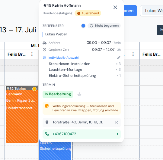 Besuchskarte im Kalender mit der Liste der noch offenen Arbeit