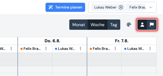 Die Kalenderleiste mit den zwei hervorgehobenen Farbmodus-Buttons neben dem Paletten-Symbol
