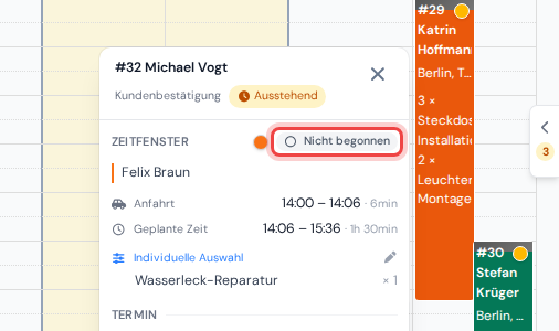 Die Besuchskarte mit dem hervorgehobenen Status-Abzeichen in der Zeile „Zeitfenster“, neben dem runden Farbpunkt