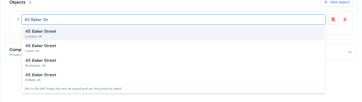 The address box in the client dialog with a few letters typed and the list of suggested addresses open under it