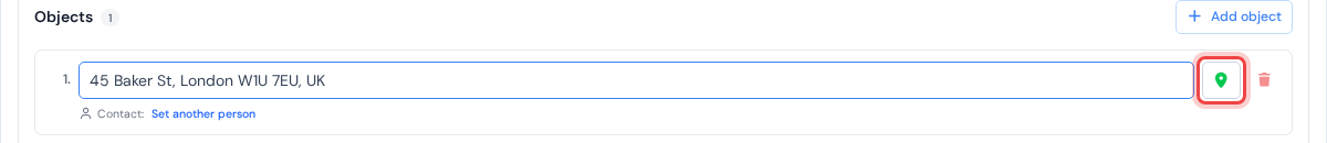 The address box in the client dialog with the green pin button after it highlighted