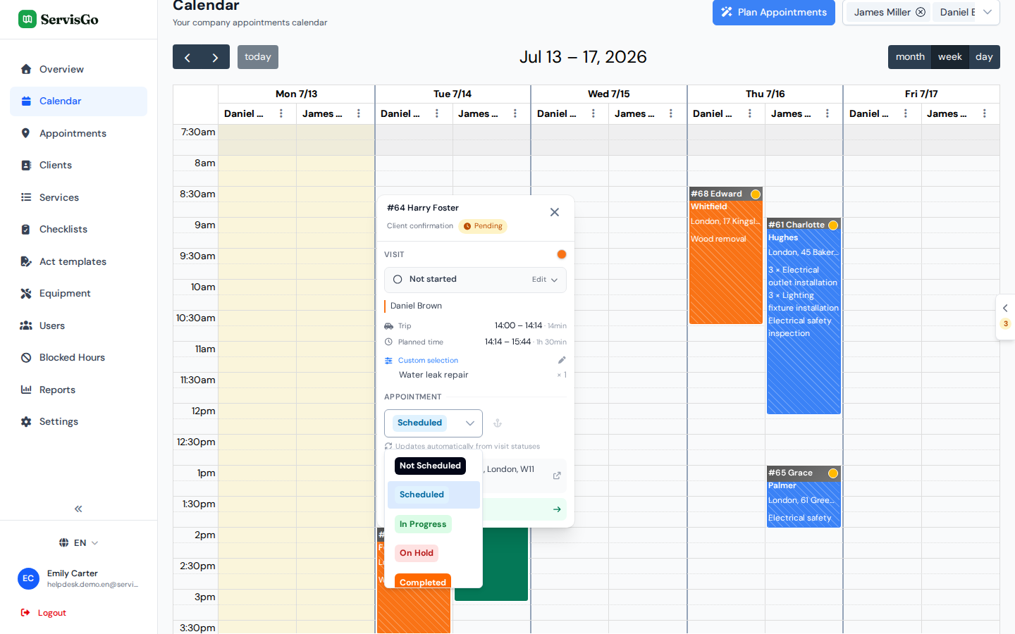The status dropdown open on an appointment, showing all status options