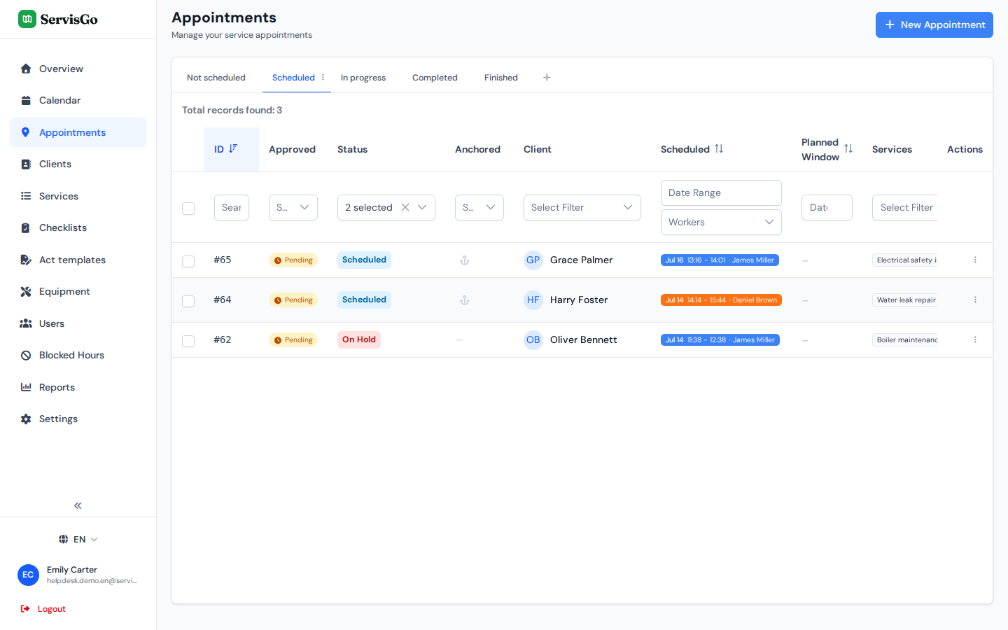 The Appointments page with tabs above the table, a filter row under the headers and a three-dot menu at the end of each row