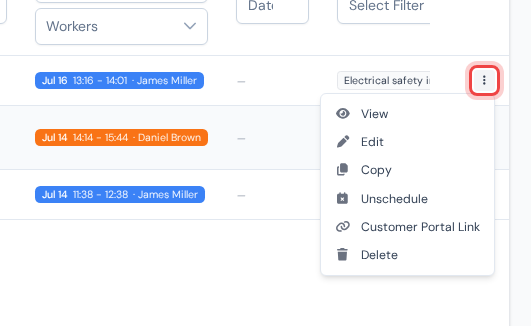 An appointment row with the three-dot button opened, showing the View, Edit, Copy, Unschedule, Customer Portal Link and Delete actions