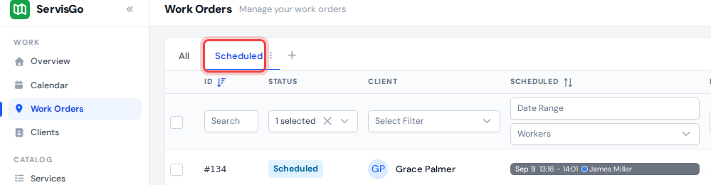The tab row with the All tab and a Scheduled tab, the Scheduled tab highlighted and the Status filter under the headers set to Scheduled
